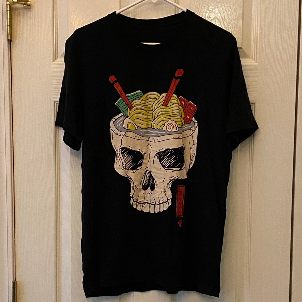 Black Graphic Tee with Skull and Ramen Design